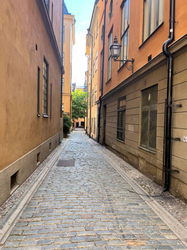 Auf dem Bild ist eine der engen, historischen Gassen in Gamla Stan, der Altstadt von Stockholm, Schweden, zu sehen. Die malerischen Stra�en zeichnen sich durch ihre gut erhaltenen Kopfsteinpflaster und die bunten Fassaden aus, die typisch f�r das aus dem 