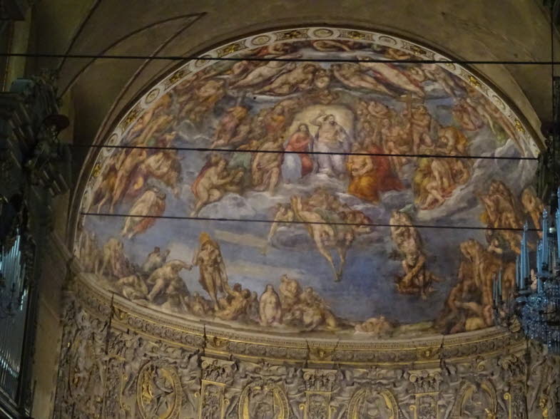 Deckenfresko der klassischen, theatralischen Himmels�ffnungen der italienischen Barockkunst.1. Grundstruktur: Der Himmel �ffnet sich: Das Fresko zeigt eine illusionistische �ffnung in der Decke: Die gemalte Architektur (Stuck, Rahmen, Ornamente) �rei�t au