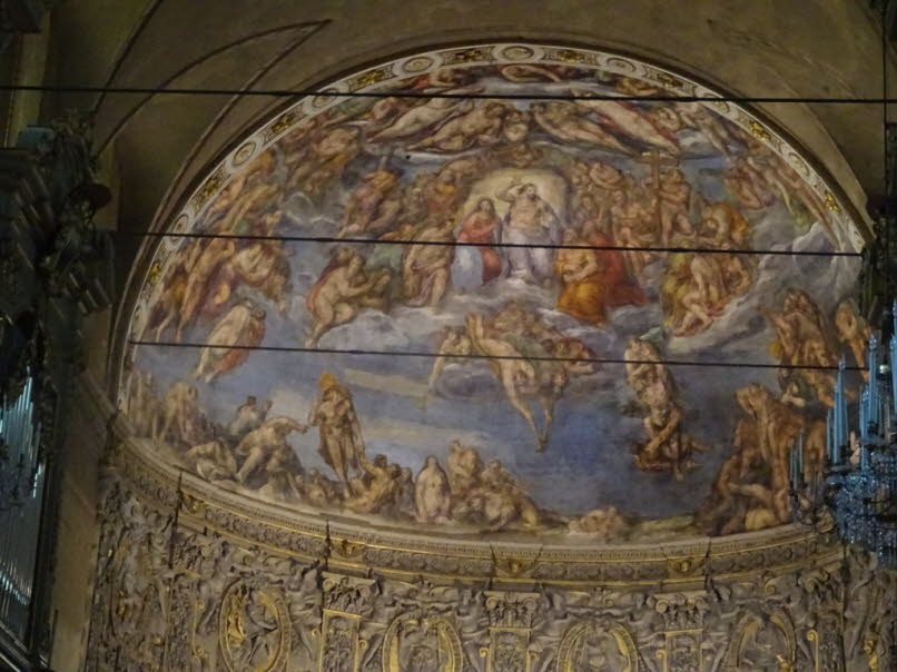 Deckenfresko der klassischen, theatralischen Himmels�ffnungen der italienischen Barockkunst.1. Grundstruktur: Der Himmel �ffnet sich: Das Fresko zeigt eine illusionistische �ffnung in der Decke: Die gemalte Architektur (Stuck, Rahmen, Ornamente) �rei�t au