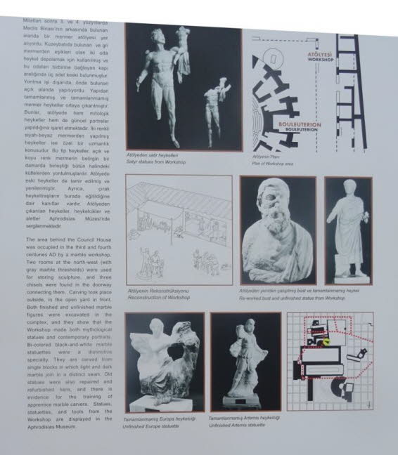 Das Bild zeigt eine Informationstafel aus dem Aphrodisias Museum in der T�rkei. Sie beschreibt eine Marmorwerkstatt, die im 3. und 4. Jahrhundert n. Chr. in dem Bereich hinter dem Rathaus (Bouleuterion) betrieben wurde. Auf der Tafel sind verschiedene Fun