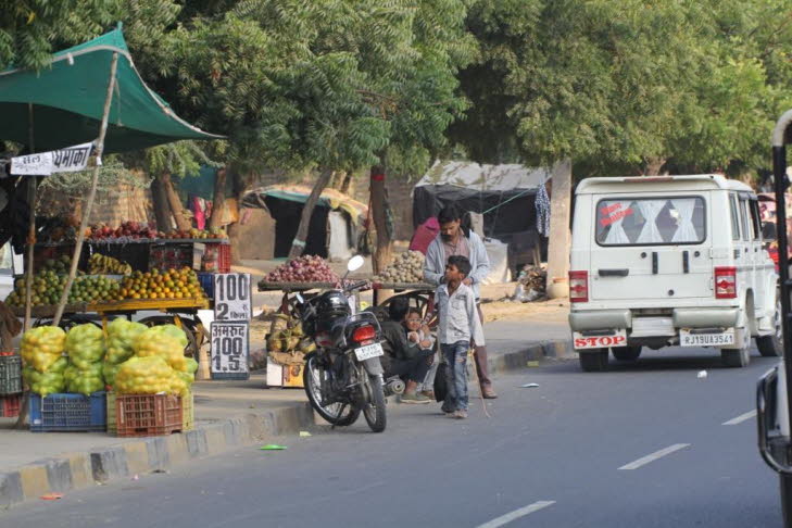 Stra�enszenen in Indien : Auf dem Bild ist eine Stra�enszene aus Indien zu sehen: Am Stra�enrand stehen mehrere Obst- und Gem�sest�nde, mit gut sichtbar aufgeschichteten Fr�chten (z. B. Guaven, Orangen, Zwiebeln). Ein H�ndler mit Preisschildern bietet sei