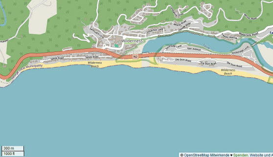 Wildeness: Wilderness (oder "Wildernis" auf Afrikaans) ist eine kleine Stadt an der Garden Route in Sdafrika. Sie  befindet sich in einem Gebiet von auergewhnlicher natrlicher Schnheit. Groe Wellen schlagen auf den langen Sandstrand, der sich buchst