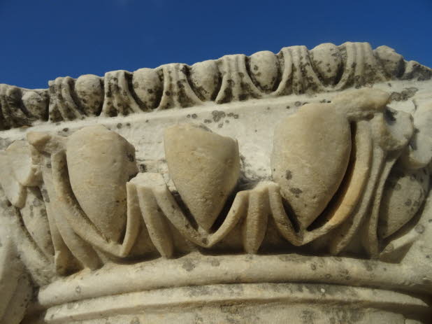 Das Bild zeigt ein antikes marmornes Kapitell. Die abgebildeten eif�rmigen Ornamente werden als Kyma oder Eierstab bezeichnet, ein typisches Motiv der antiken Architektur. 