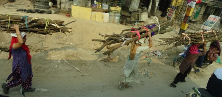 Auf dem Bild sind drei Frauen in einer l�ndlichen oder st�dtischen Randgegend zu sehen, die gro�e, schwere B�ndel Brennholz auf ihren K�pfen und Schultern tragen. Diese T�tigkeit ist in l�ndlichen Gebieten Indiens und angrenzender Regionen, wo Feuerholz e