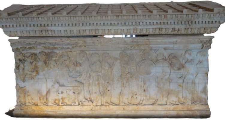 Das Bild zeigt den Polyxena-Sarkophag. Es handelt sich um einen der �ltesten bekannten griechischen Sarkophage mit fig�rlichen Reliefs, der auf etwa 510�500 v. Chr. datiert wird. 