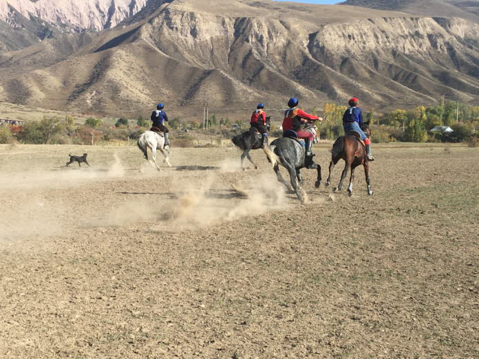 Das kyz kuu, lokal Kyz Kumai genannt , ist auch ein beliebtes Reitspiel (und romantisch), bei dem ein Reiter und ein Reiter ber eine Distanz von 300 m gegeneinander antreten.  Die Herausforderung besteht darin, dem Mann das Recht zu geben, einer Frau ein