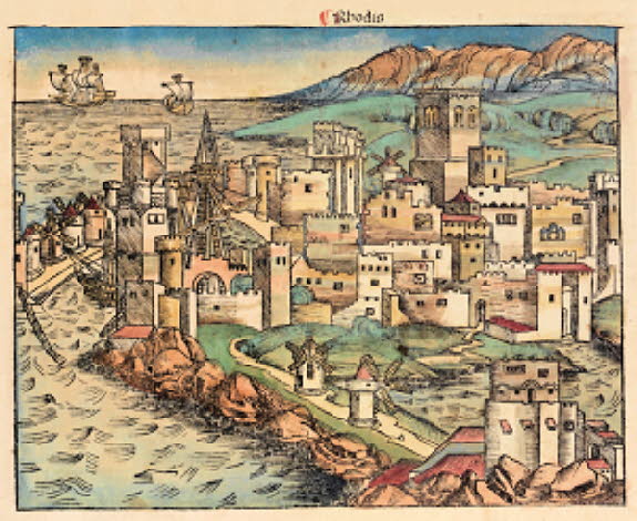 Historischer Holzschnitt von Rhodos